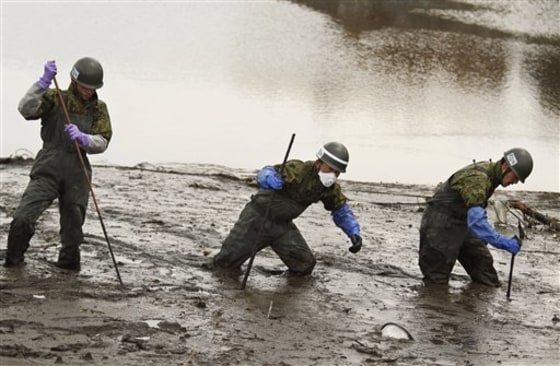 Japan Ground Self-Defense Force members search for missing people in their third major recovery operation since the March 11 earthquake in Shichigahamamachi, Miyagi Prefecture, northeastern Japan, on April 25.